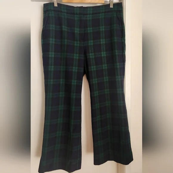 J. Crew Hayden Green and Navy Plaid Kickout Crop Pants Wool Mix Dark Academia 14 - Picture 2 of 7